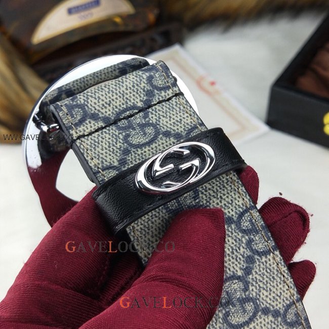 Gucci Leather Belt Grey Monogram Double G Gold Buckle